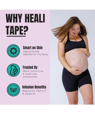 Heali Bump Kinesiology Tape - 15 Pre-Cut Wide Strips for Pregnancy Support Pain Relief & Stretch Mark Reduction - Synthetic Silk with Magnesium & Vitamin E - Buy Online on GoSupps.com