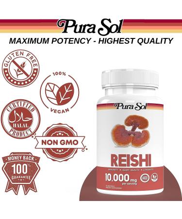 Pura Sol Reishi Mushroom Capsules 10,000mg - Ganoderma Powder Extract Supplement for Immune Support & Longevity - Heart Health, Mood & Stress Management - Gluten-Free & Vegan - 60 Capsules - Buy Online on GoSupps.com