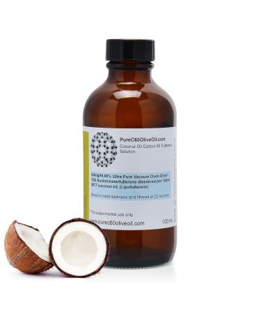 PureC60OliveOil C60 Organic MCT Coconut Oil 100ml / 3.4 Fl Oz - 99.95% Carbon 60 Solvent Free 40mg - Amber Glass Bottle - Food Grade - Carbon 60 Coconut Oil - From The Leading Global Producer
