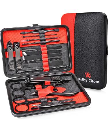 Manicure Set Professional nail clipper kit pedicure kit -18 pieces of care set made of stainless steel nail care tools with leather travel bag (black red)
