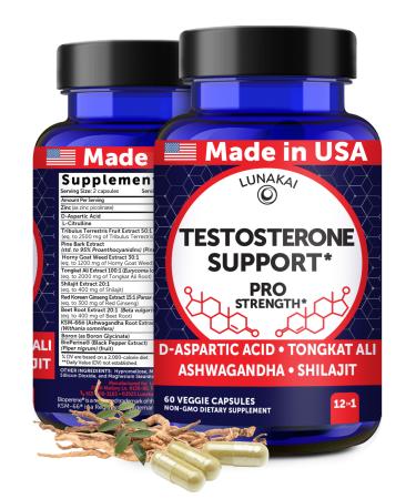 Lunakai USA Manufactured Natural Testosterone Booster for Men with Tongkat Ali Ashwagandha & Shilajit - Testosterone Supplement for Strength Energy & Stamina 60ct Single Bottle