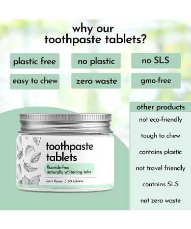 Spearmint Toothpaste Tablets & Bamboo Toothbrush Set | Travel Teeth Whitening Tabs for Adults & Kids | Fluoride-Free, Gluten-Free, Vegan | Eco-Friendly & Plastic-Free | 60 Tabs - Buy Online on GoSupps.com