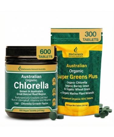 Biogenesis Complete Alkalizing Duo: Organic Chlorella (500mg) & SuperGreens Plus (Wheatgrass Barley Grass) 600 Total Tablets BioDynamic Cracked Cell Wall Vegan Green Superfood for Energy Detox