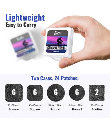 Tirellix 24-Pcs Bike Tire Patch Kit for Bicycle, Motorcycle & Mountain Bike - Glueless Tube Patch Repair with 2 Scuffers and Portable Cases - Buy Online on GoSupps.com