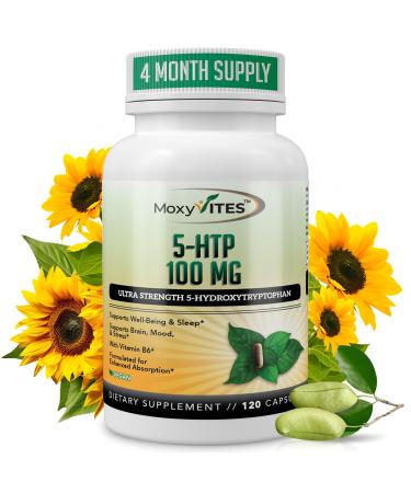 MoxyVites 5HTP 100mg Supplement, Plus B6, 5 HTP Organic Whole Food - Best Serotonin Booster - Non-GMO, 120 Vegan Capsules