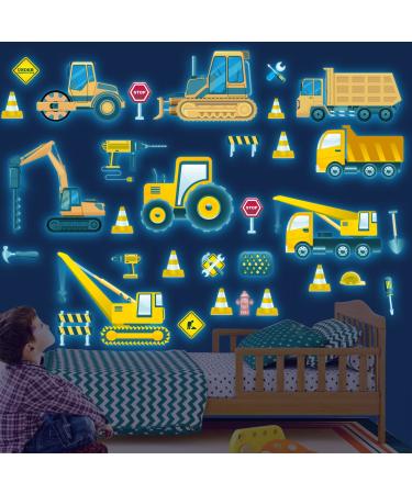 Glow in The Dark Construction Vehicles Wall Stickers Transport Cars Theme Fluorescent Stickers Peel and Stick Road Signs Truck Wall Art Decals for Kids Boys Bedroom Playroom Baby Nursery Blue Transportcar WallStickers