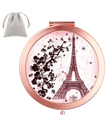 Dynippy Compact Mirror Round Rose Gold Makeup Mirror Folding Mini Pocket Mirror Portable Hand Mirror Double-Sided with 2 x 1x Magnification for Woman Mother Kids Great Gift (Eiffel Tower) A-eiffel Tower