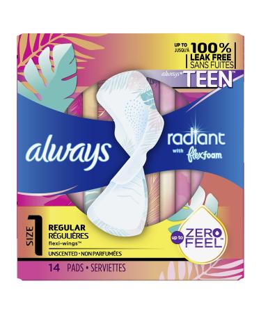 Always Radiant Teen Feminine Pads For Women, Size 1 Regular Absorbency, With Flexfoam, With Wings, Unscented, 14 Count 14 Count (Pack of 1)