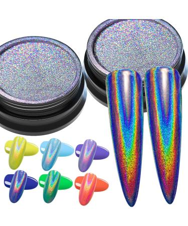 2 Jars Holographic Nail Powder Fine Rainbow Holo Mermaid Unicorn Mirror Laser Effect Multi Chrome Manicure Pigment Glitter Dust + 6PCS Sponge Tools for Salon Home Nail Art DIY Decroration 002