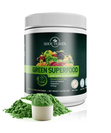 SHOUTGRIIN Green Juice Superfood   Organic Super Greens Powder - Fruit and Vegetables Smoothie Drink - Natural Fiber Supplement - Daily Boost of Energy  Immunity and Digestion - 9.5 oz 9.5 Ounce (Pack of 1)