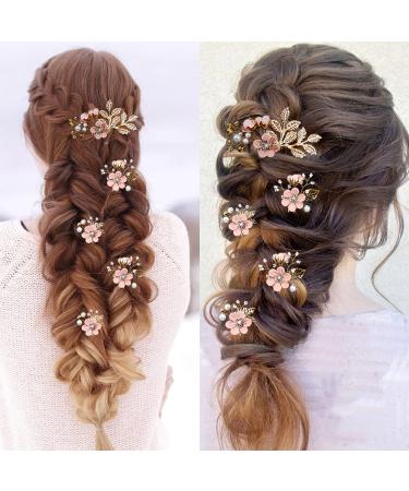Bridal Flower Wedding Hair Pins - Crystal Pearl Clips Headpiece for Brides - Cherry Blossoms Pink - Set of 5 - Buy Online on GoSupps.com