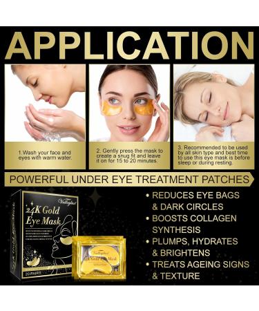 Valleylux 24K Gold Eye Pads 20 Pairs Anti-Aging Collagen & Hyaluronic Acid Masks for Dark Circles Puffiness & Wrinkle Reduction - Buy Online on GoSupps.com