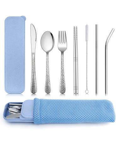 Travel Portable Utensils Set E-far 9-Piece Small Reusable Silverware Set with Case Metal Hammered Camping Cutlery Flatware Set Includes Fork Spoon Knife Chopsticks Straws - Blue Blue 9