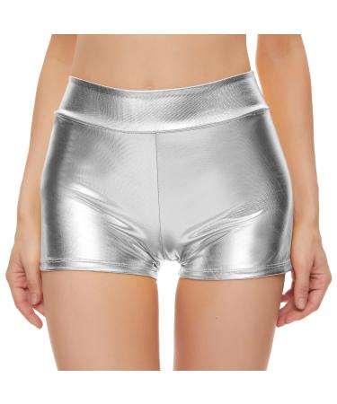 Kepblom Womens Metallic Booty Shorts High Waisted Shiny Rave Bottoms for Dance Festival Costumes Medium Silver