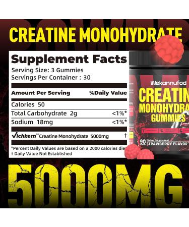 Wekannufod Creatine Monohydrate Gummies for Men & Women 5000MG Creatine Gummy Sugar Free. Boost Focus Strength and Endurance Anti-Melting Formula Vegan Gluten-Free Non-GMO (Strawberry 90 ct) - Buy Online on GoSupps.com