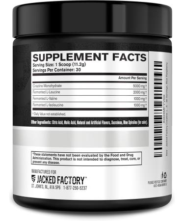 Jacked Factory Creatine + BCAAs - Creatine Monohydrate + BCAA Powder for Increased Post-Workout Recovery Performance Lean Muscle Growth & Reduced Fatigue - 30 Servings Blue Raspberry Blue Raspberry 30 Servings (+ BCAA) - Buy Online on GoSupps.com