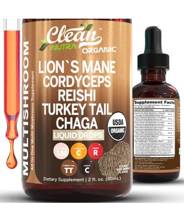 Organic Lions Mane Mushroom Supplement Liquid Drops + Turkey Tail Cordyceps Reishi Chaga Shitake Maitake Tremella Oyster Mushrooms Poria and Enokitake Complex Blend by Clean Nutra 1