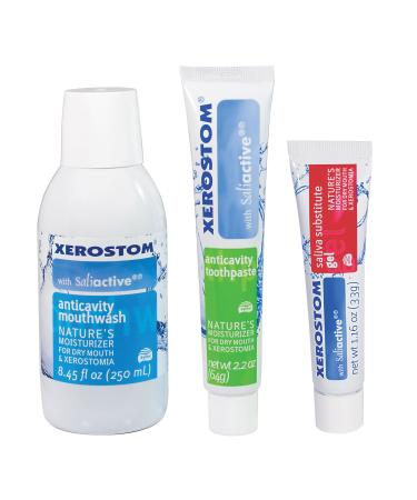 Xerostom Drymouth Anticavity Mouthwash, Xerostom Drymouth Anticavity Drymouth Toothpaste, and Xerostom Drymouth Saliva Substitute Gel Pack