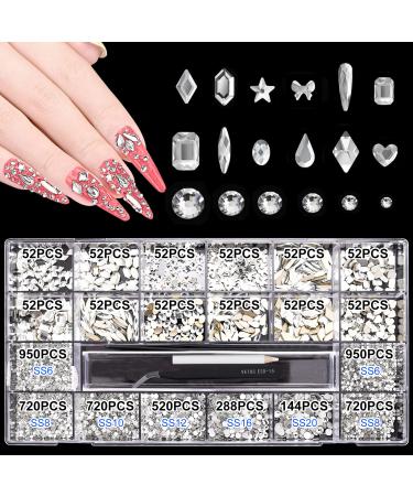 5636Pcs White Crystal Nail Rhinestones Set  Multi-Shape 3D Diamond Glass Crystal Flat Bottom  for Nail Art DIY Crafts Phones Clothes Jewelry Bag Decoration  Professional Drill Pen and Tweezers White Color