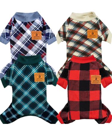 XPUDAC 4 Pack Dog Pajamas for Small Dogs Cats Plaid Dog Clothes Puppy Onesies Dog Christmas Pajamas Puppy Jumpsuits Pet Pjs Shirt Apparel (X-Large Red Green Khaki Grey (Thin)) X-Large(18-26 lbs) Red Green Khaki Grey