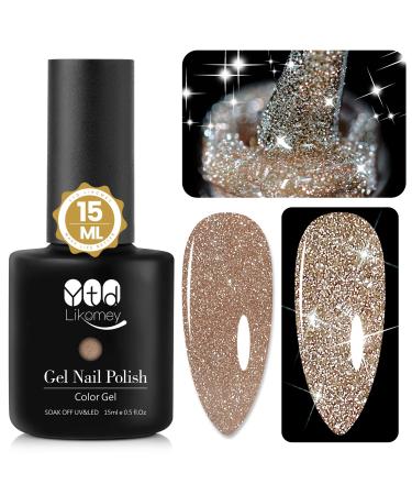 YTD Likomey Reflective Glitter Gel Nail Polish,15ml Champagne Gold Flash Diamond Sparkly Disco DJ Nail Gel,Soak Off UV Shiny Varnish Gel Polish,Salon Home DIY Manicure