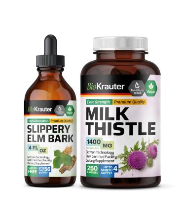 BIO KRAUTER Slippery Elm Tincture 4 Fl. Oz. & Milk Thistle 250 Capsules