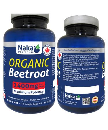 Naka Organic Beetroot 1400mg per dose Maximum Potency Made in Canada (75 vcaps) 75 count (Pack of 1)
