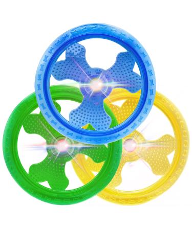 2 x LIGHT UP Flying Discs Flashing Waterproof Outdoor Dog Toys Rubber Pool Floating Dog Toys for Pet Training Outside Night Play Interactive Dog Toys for Boredom (Assorted (Pack of 2) Knobbly) Assorted (Pack of 2) Knobbly
