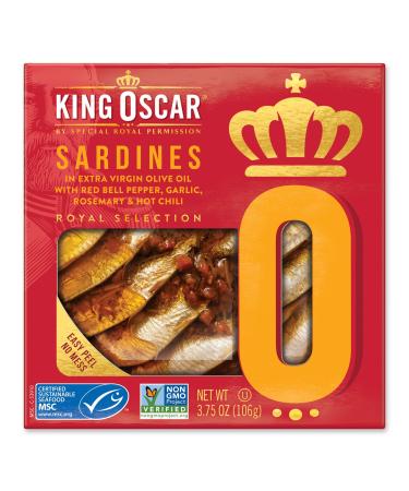 King Oscar Sardines In Extra Virgin Olive Oil With Red Bell Pepper Garlic Rosemary & Hot Chili 3.75 oz (106 g)