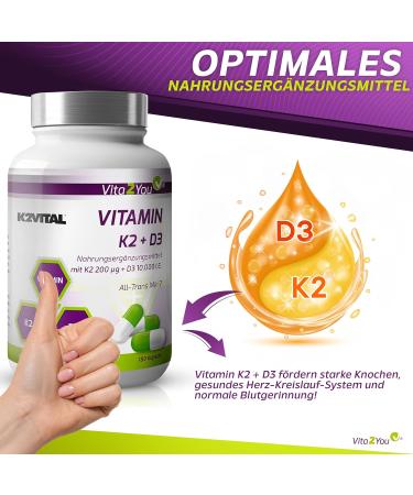 Buy Vita2you Vitamin D3 + K2 - 180 Capsules | 10 000 IU D3 & 200 g K2 (MK-7) - Premium Quality K2Vital - International Shipping - Buy Online on GoSupps.com