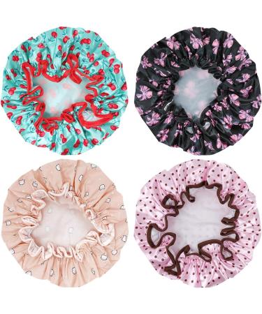 Wrapables Double Layer Waterproof Shower Caps Set of 4 - Dots, Cherries, Kitties Design - Buy Online on GoSupps.com