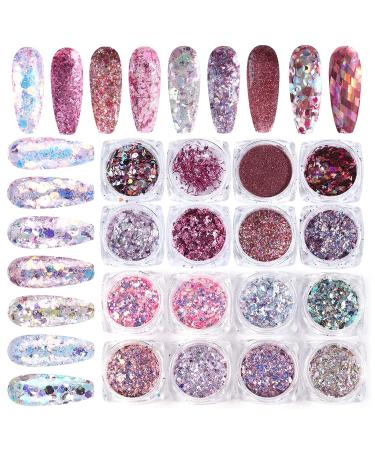Gzmayuen 16Pcs Holographic Nail Glitter Powder Set - Chunky Sequin Flakes for Stunning Nail Art - Pink Violet Red - Buy Online on GoSupps.com