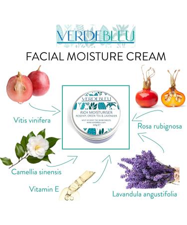 Verdebleu - 99% Natural - Facial Moisture Cream - Rosehip Green Tea Lavender. Face Moisturiser to Soothe Nourish and Hydrate Dry Skin. pH 5.5 Sensitive Skin. 100 g. - Buy Online on GoSupps.com