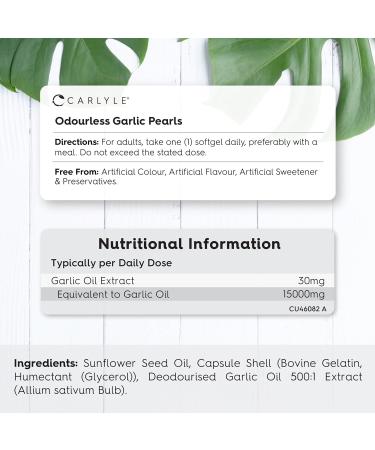 Odourless Garlic Capsules 15000mg | 365 Count | High Strength Garlic Oil | One Year Supply | No Artificial Preservatives | by Carlyle - Buy Online on GoSupps.com