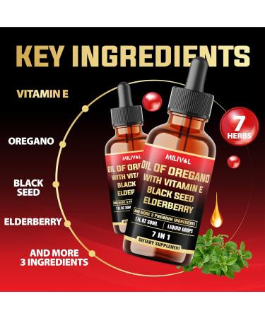 MILIVOL 7in1 Oregano Oil Drops with Black Seed Drops, Elderberry, Turmeric, Ginger & Ceylon Cinnamon Wellness Support 1 FL Oz 30 Days - Buy Online on GoSupps.com