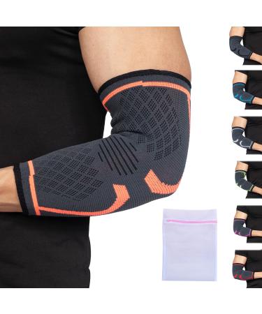360 RELIEF - Compression Elbow Brace Sleeve for Men and Women Support | Splint Joint Pain Relief Tendonitis Tennis Golf Workout Weightlifting | Large Orange with Mesh Laundry Bag | Orange L