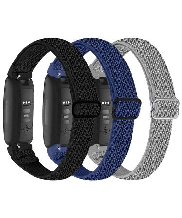 3-Pack Elastic Nylon Bands Compatible with Fitbit Inspire 3/Inspire 2/Inspire HR/Inspire/Ace 3/Ace 2 Breathable Adjustable Replacement Stretchy Nylon Loop Wristband Sport Strap for Woman Man Black/ Midnight Blue/ Gray