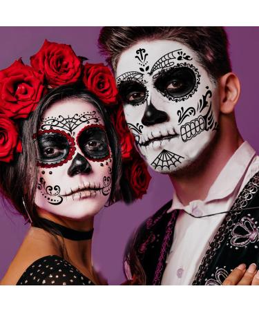 Day of the Dead Face Skeleton Tattoos  30 PCS Halloween Temporary Tattoo Sugar Skull Makeup Kit  Dia de Los Muertos Floral Red Rose Black Web Face Mask Stickers for Women Men Kids costumes Parties