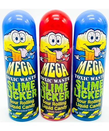 Slime Licker MEGA Size - 3-Pack of Sour Rolling Liquid Candy - ONE Red Strawberry and TWO Blue Razz Flavors - 3 Ounces Each Bottle - Toxic Waste - TikTok Challenge Trend 3 Fl Oz (Pack of 3)