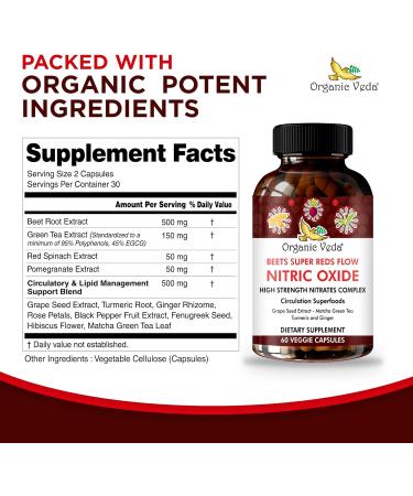 Organic Veda Beet Root Nitric Oxide Capsules | High Strength Energy & Circulation Supplements | Vegan 60 Count with Grape Seed Matcha Turmeric & Ginger - Buy Online on GoSupps.com