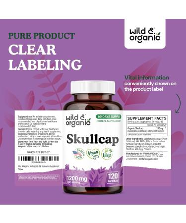 Wild & Organic Skullcap Herb Capsules 1200 mg - Calming Skullcap Supplement - 120 Capsules - Scutellaria Lateriflora Leaf Extract - 2-Month Supply - Vegan No Fillers Non-GMO 120 Count (Pack of 1) - Buy Online on GoSupps.com