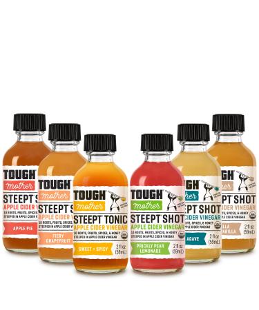 Tough Mother STEEPT TONIC 2OZ SHOTS - Apple Cider Vinegar + Superfood Wellness Shots - USDA Certified Organic, Raw + Unfiltered with the Mother| 6 - pack of 2 oz bottles (Variety Pack)
