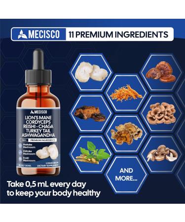 Mecisco 11in1 Mushroom Supplement Liquid Drops with Ashwagandha Lions Mane Turkey Tail Cordyceps Reishi Chaga Shitake Maitake Agaricus Oyster Mushrooms and Enoki Mushrooms - 1 FL Oz - 60 Day Supply - Buy Online on GoSupps.com