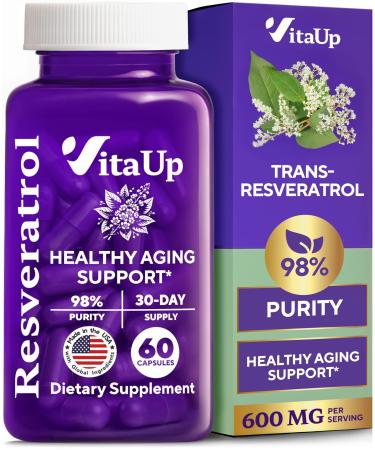 Trans-Resveratrol Supplement USA Made Resveratrol Capsules 600mg - Standardized to 98% Trans-Resveratrol Antioxidant for Healthy Aging Energy & Cardiovascular Support 60 Capsules 60 Count (Pack of 1)