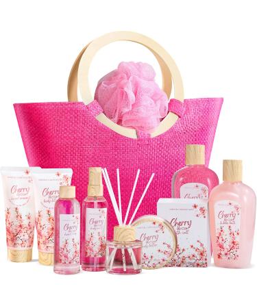 Spa Gift Baskets for Women, Bath Gifts for Women -11pcs Cherry Blossom Spa Gift Sets with Shower Gel, Body Lotion, Reed Diffuser, Relaxing Gift Basket for Women, Holiday Gift for Birthday Anniversary