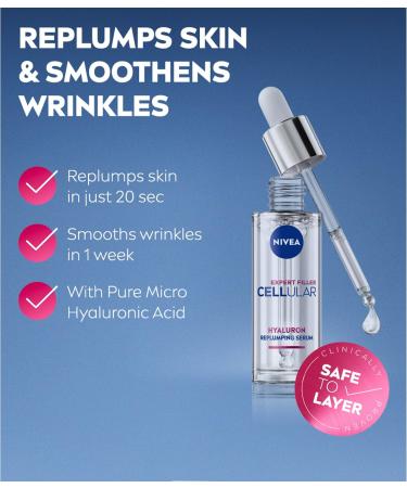Beiersdorf NIVEA Cellular Hyaluronic Acid Serum Face Facial serum with Pure Hyaluron Wrinkle Filling and Moisturizing Skincare with Hyaluronic Acid 30ml - Buy Online on GoSupps.com