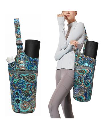 Qlckyed Yoga Mat Bag Adjustable Shoulder Strap with Large Size Pocket and Zipper Pocket,yoga mat carrier with Fixed Buckle Fits Most Size Mats Blue Flower Pattern