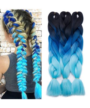 Hair extension 60cm crochet braids Two tone ombre braiding hair synthetic braid 3 PCs /300g - dark black to dark blue to sky blue 60 cm (3 -pack) dark black to sky blue