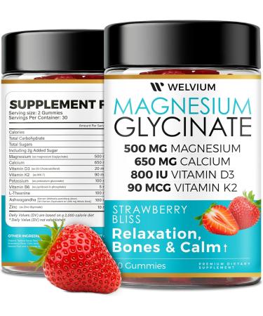 WELVIUM Magnesium Glycinate Gummies with Ashwagandha L-Theanine - 500mg Magnesium Glycinate D3 K2 B6 Calcium Zinc Potassium Supplement for Muscle Immune and Bone Support Chewable Magnesium - Buy Online on GoSupps.com
