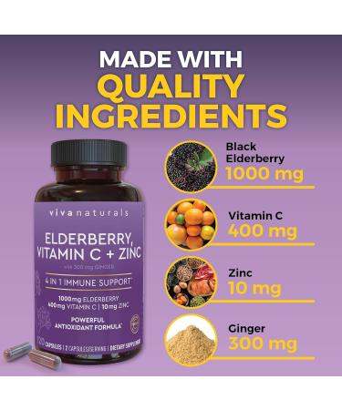 Viva Naturals Elderberry with Vitamin C and Zinc (120 Capsules) - 1000mg Sambucus Elderberry Immune Support Supplement Black Elderberry Capsules for Adults Elderberry Vitamins - 2 Months Supply 120 Count (Pack of 1) - Buy Online on GoSupps.com